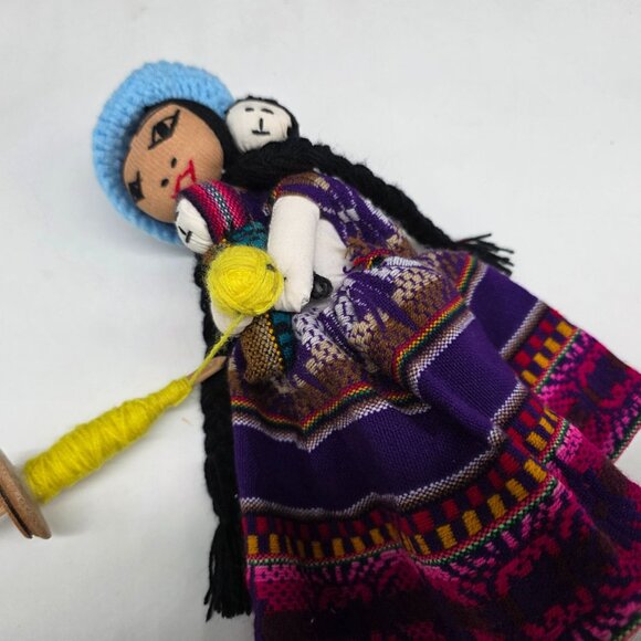 Handcrafted Latin American Rag Cloth Doll 2 Babies and Spinning Spool Yarn 11" - Picture 6 of 7
